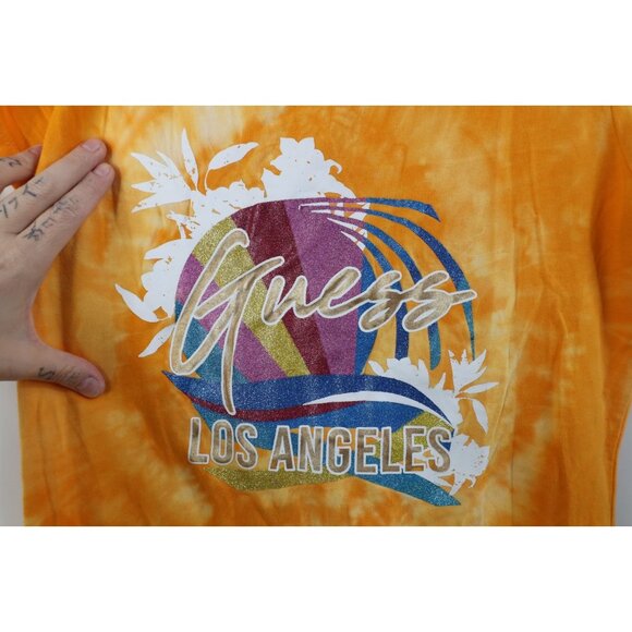 Vintage Y2K Guess Womens Size Large Spell Out Metallic Sunset Acid Wash T-Shirt - Picture 4 of 11